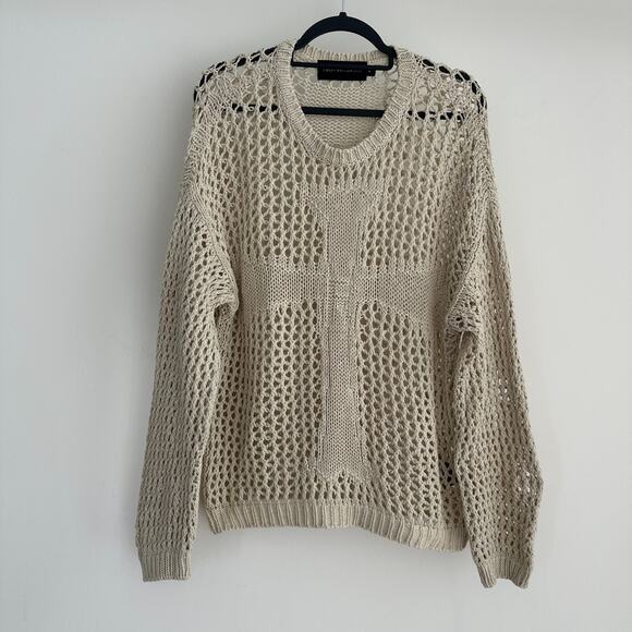 Racer Worldwide Cross Net Sweater Womens Medium Beige Cream Crochet Open Knit - Picture 2 of 13